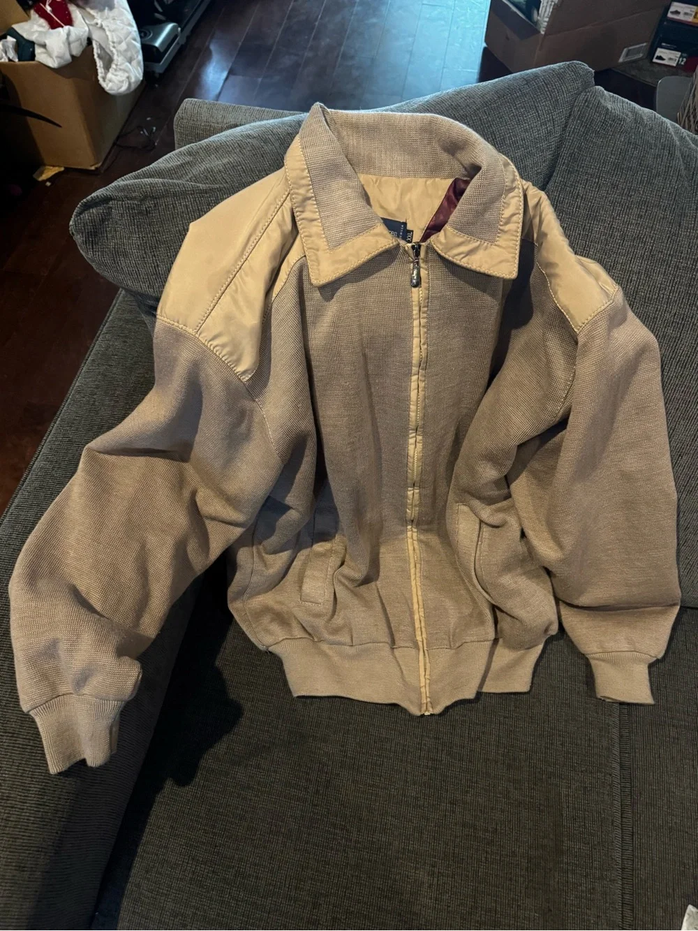 vintage Polo Ralph Lauren beige zip-front jacket features a striking burgundy an